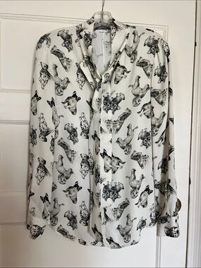 Lela Rose White Blouse with Black Dog Sketch Print